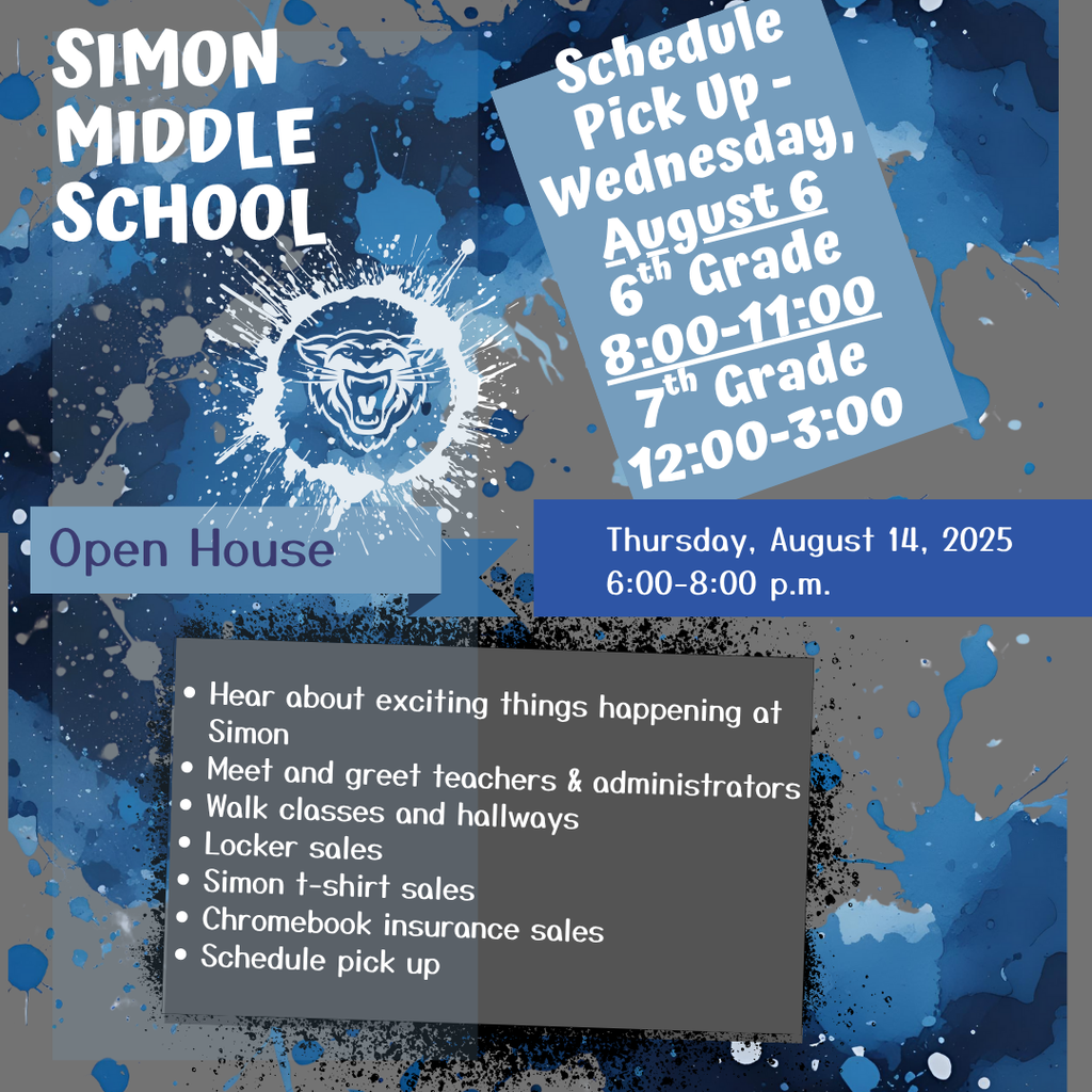 Schedule Pickup Wednesday August 6: 6th grade 8:00-11:00, 7th grade 12:00-3:00
