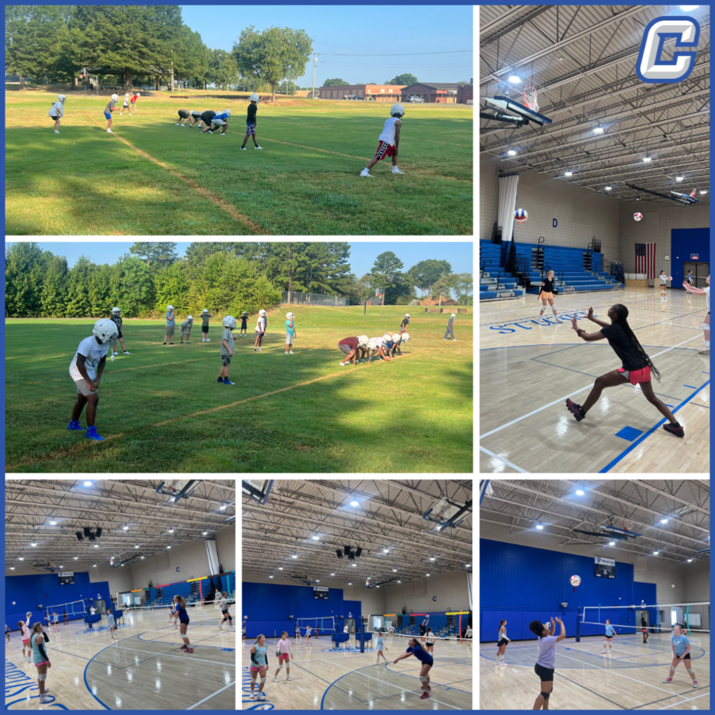 students practicing volleyball and football