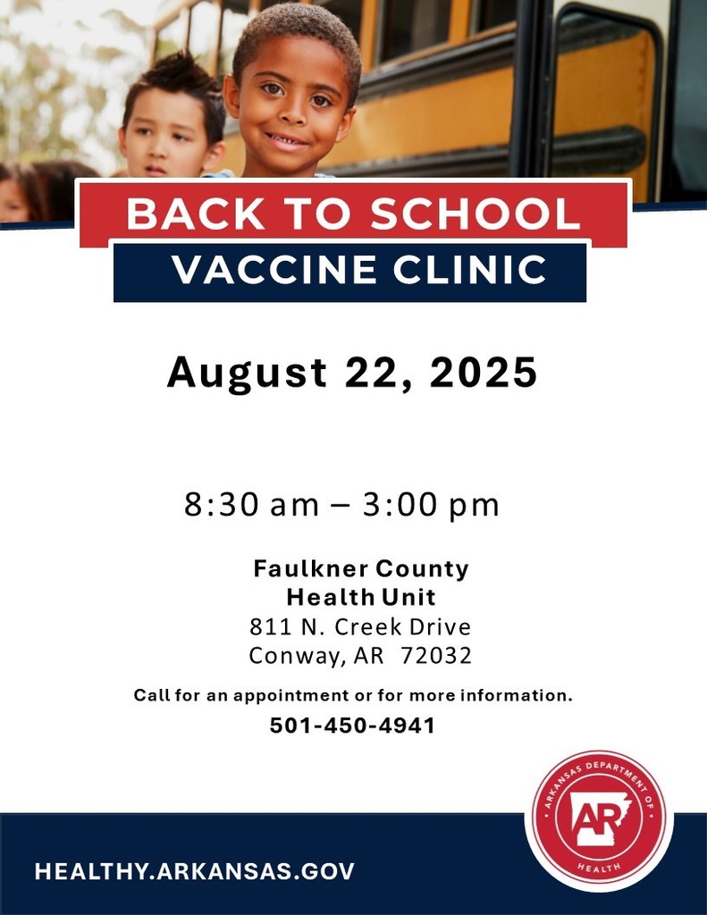 📢 BACK TO SCHOOL VACCINE CLINIC 📢  Mark your calendars! 🗓️ The Faulkner County Health Unit is hosting a Back to School Vaccine Clinic on August 22, 2025 from 8:30 AM – 3:00 PM.  📍 Location: Faulkner County Health Unit 811 N. Creek Drive Conway, AR 72032  Make sure your child is ready for the new school year with all the necessary immunizations. ✅  📞 Call 501-450-4941 to make an appointment or get more information.  💻 Learn more: healthy.arkansas.gov
