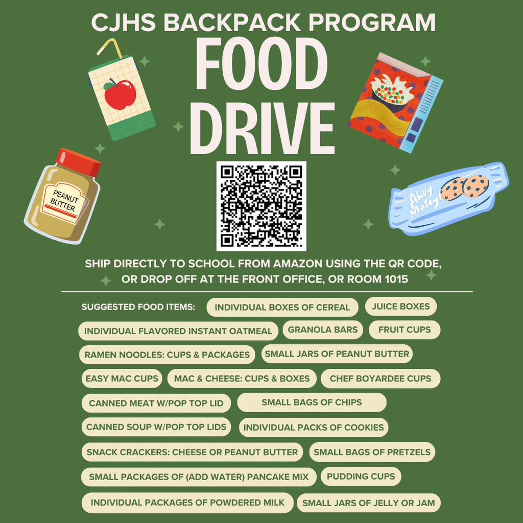 CJHS Food Drive, QR Code, Cereal, Juice Box, Fruit Cup