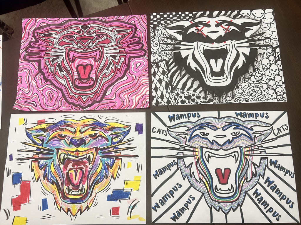 Ms. Spradlin's art students are putting their creativity on display with some amazing Wampus Cat artwork! 🐾🎨 We love seeing our students show off their talent and school spirit. #WampusCatPride #StudentTalent #CHSArt