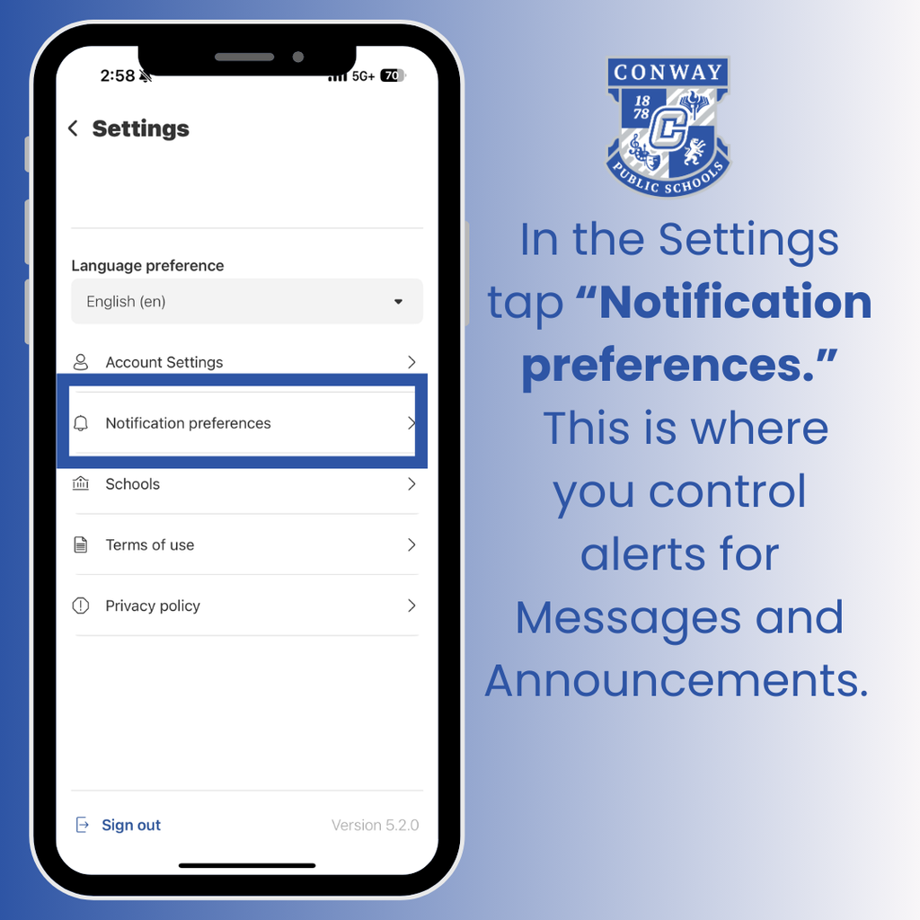 In the Settings tap "Notification preferences." This is where you control alerts for Messages and Announcements
