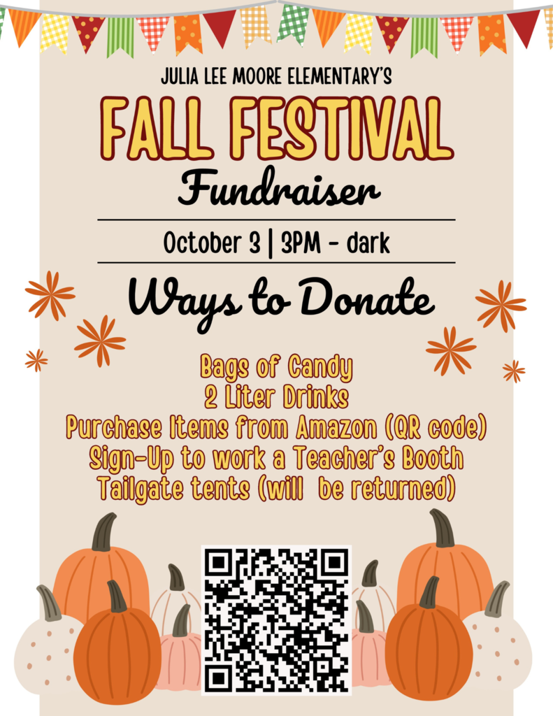 Fall Festival Flyer: donations needed: bags of candy, 2 liter sodas, purchase from Amazon wish list