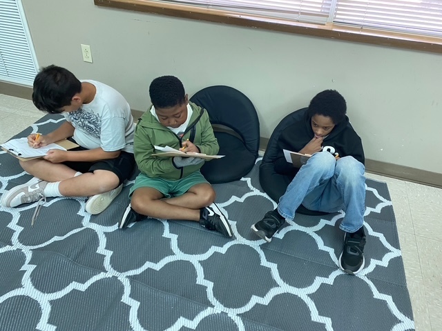 Students working in small groups on plot diagrams.