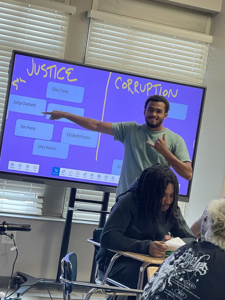 Students interacting with the smart board and sorting characters from the Crucible into Team Justice and Team Corruption.