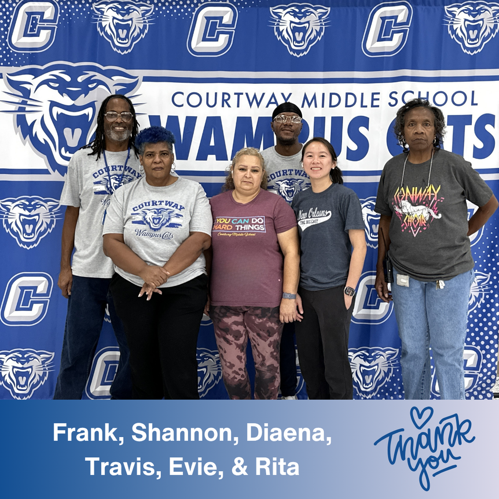 Custodian appreciation day - picture of the entire CMS custodian team in front of a blue background with C and wampus cats.