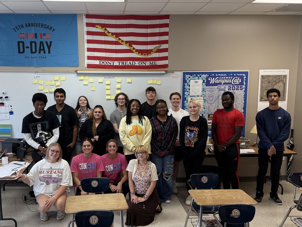 Class posing with their political ideology quiz results on the board behind them.