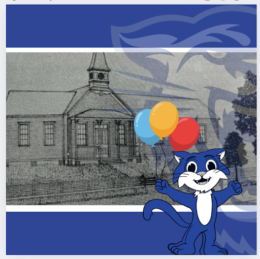 The little green school house and a little cat with balloons.