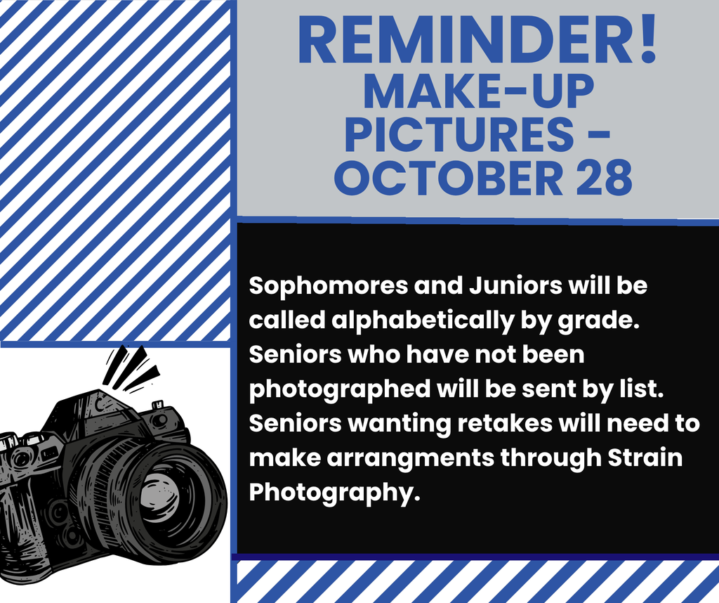 📸 Picture Day Reminder! Make-up pictures are happening Monday, October 28! ✅ Sophomores & Juniors will be called alphabetically by grade. 🎓 Seniors who haven’t been photographed will be sent by list. 📅 Seniors needing retakes should make arrangements directly with Strain Photography. #CHSPictureDay #MakeUpDay #CHSCats