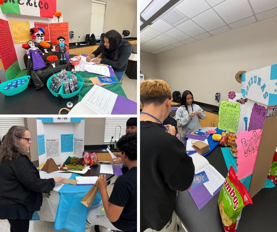 Students and staff interacting with the displays and trying different snacks.