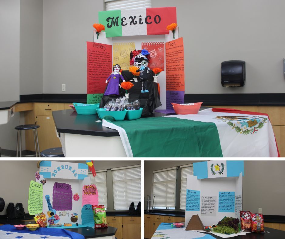 Students and staff interacting with the displays and trying different snacks.