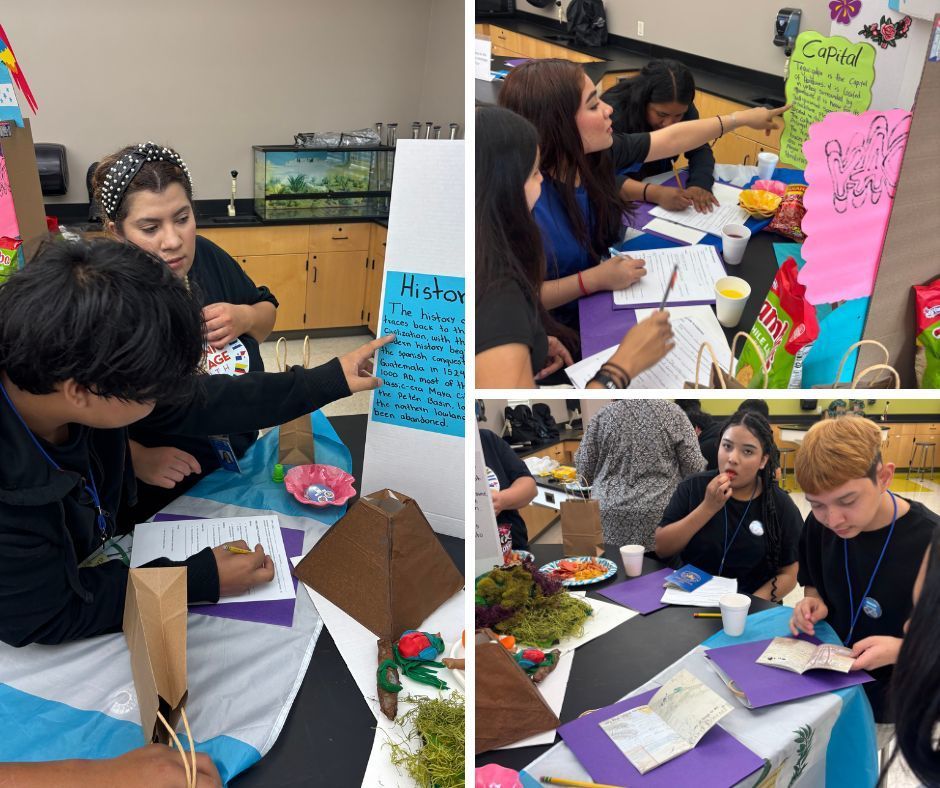 Students and staff interacting with the displays and trying different snacks.