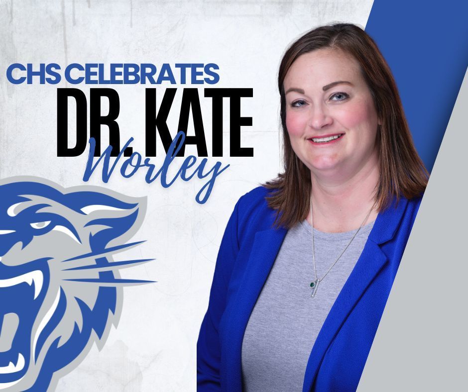 Image of CHS principal Dr. Kate Worley on the right with an image of the mascot, the wampus cat on the left.