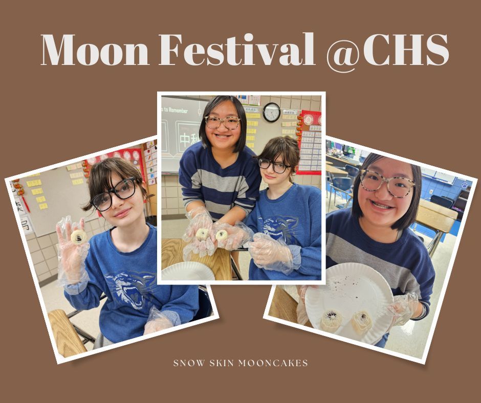 Students making and enjoying snow skin moon cakes.
