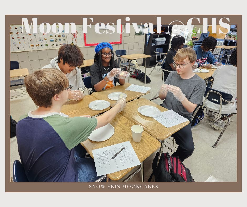 Students making and enjoying snow skin moon cakes.