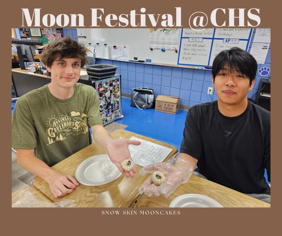 Students making and enjoying snow skin moon cakes.