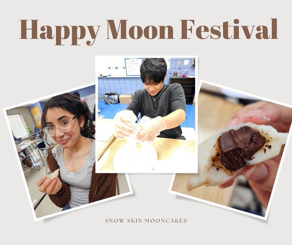Students making and enjoying snow skin moon cakes.