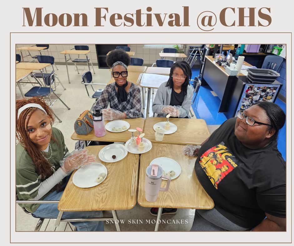 Students making and enjoying snow skin moon cakes.