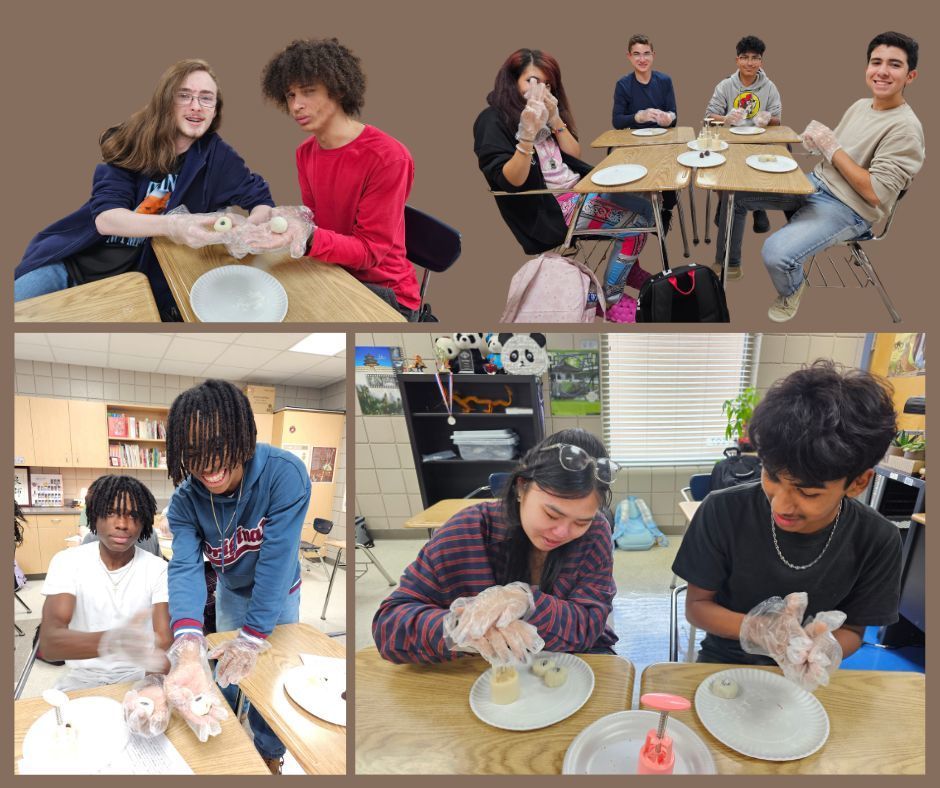 Students making and enjoying snow skin moon cakes.