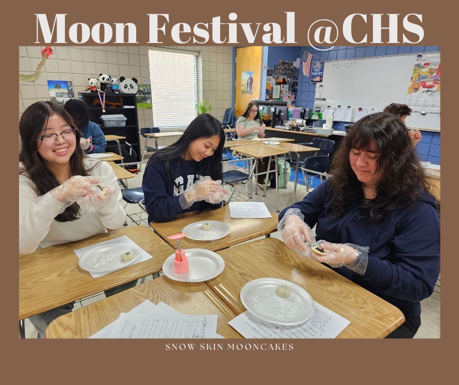 Students making and enjoying snow skin moon cakes.