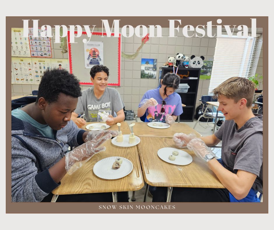 Students making and enjoying snow skin moon cakes.