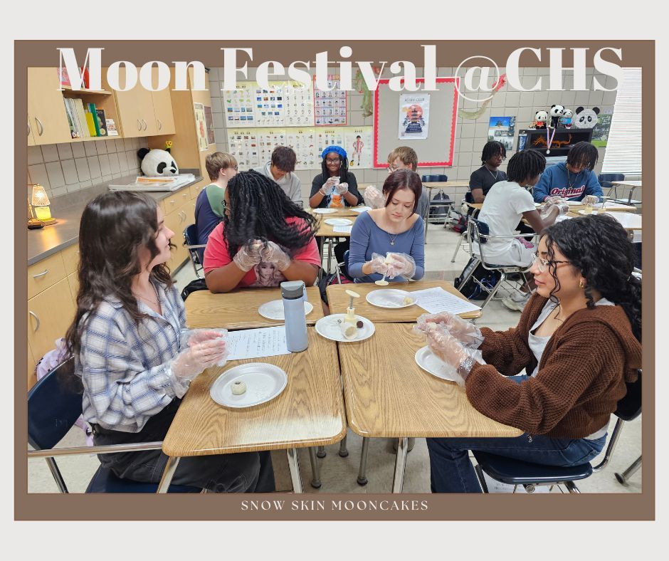 Students making and enjoying snow skin moon cakes.
