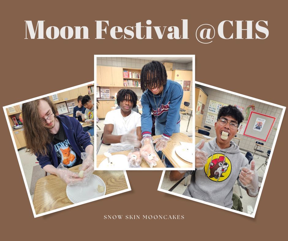 Students making and enjoying snow skin moon cakes.