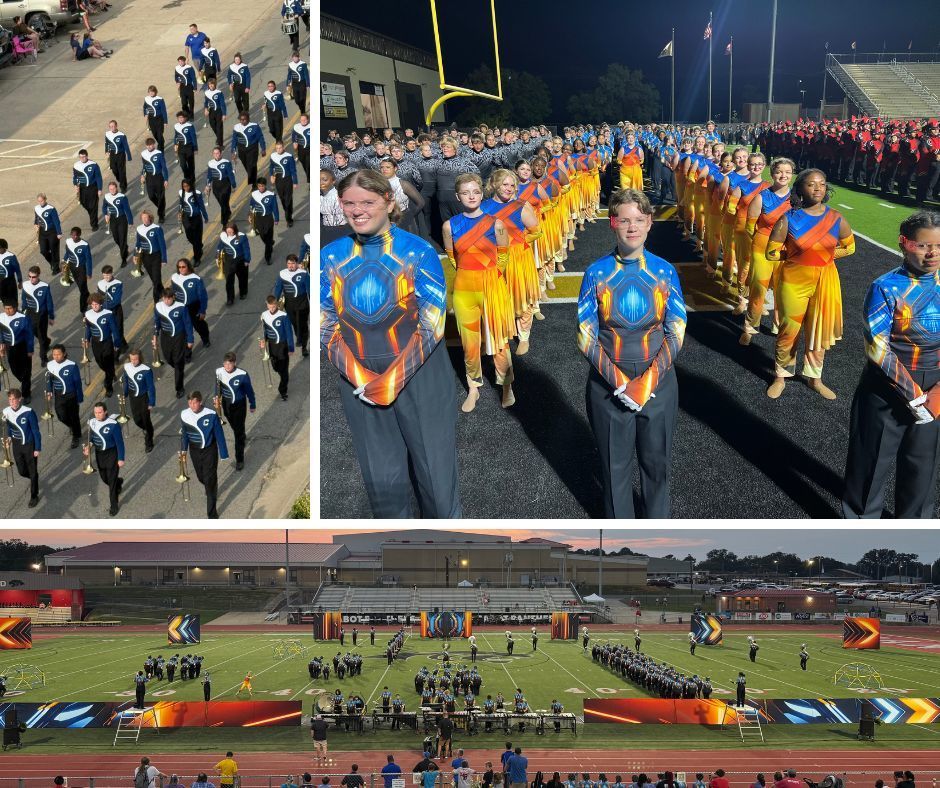 Images of the Wampus Cat Marching band half time show and parade walk.