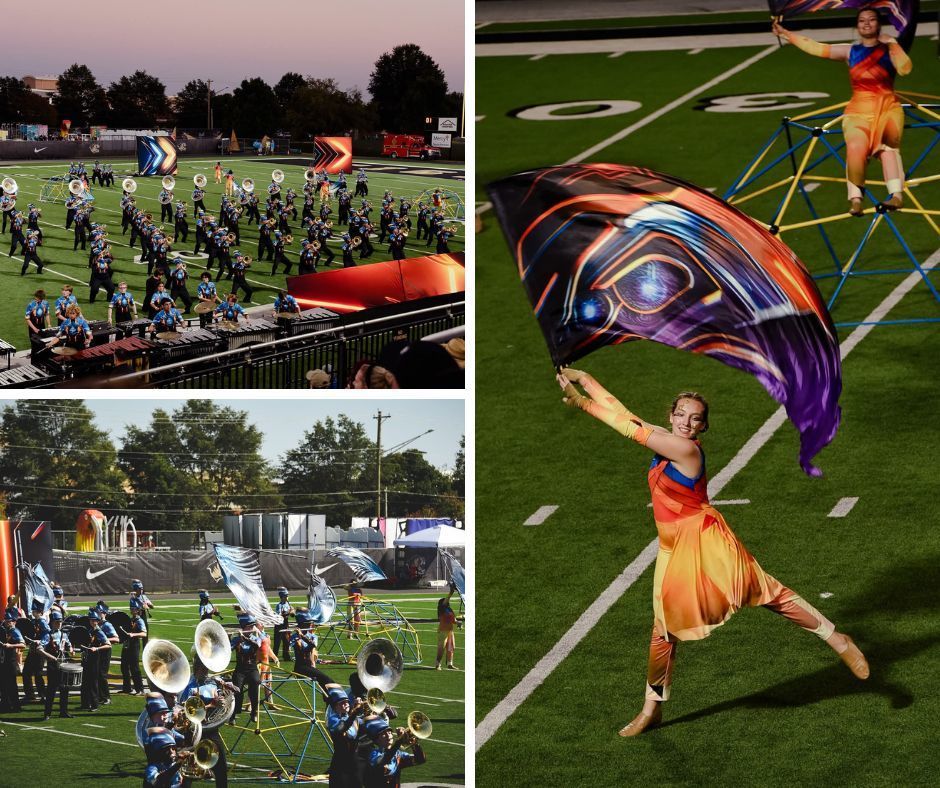 Images of the Wampus Cat Marching band half time show and parade walk.