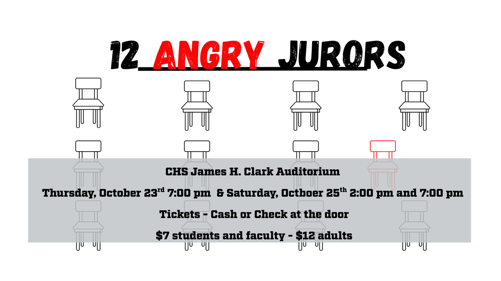 advertisement image for the play "12 Angry Jurors". 3 rows of 4 chairs. Information about show times and ticket prices.