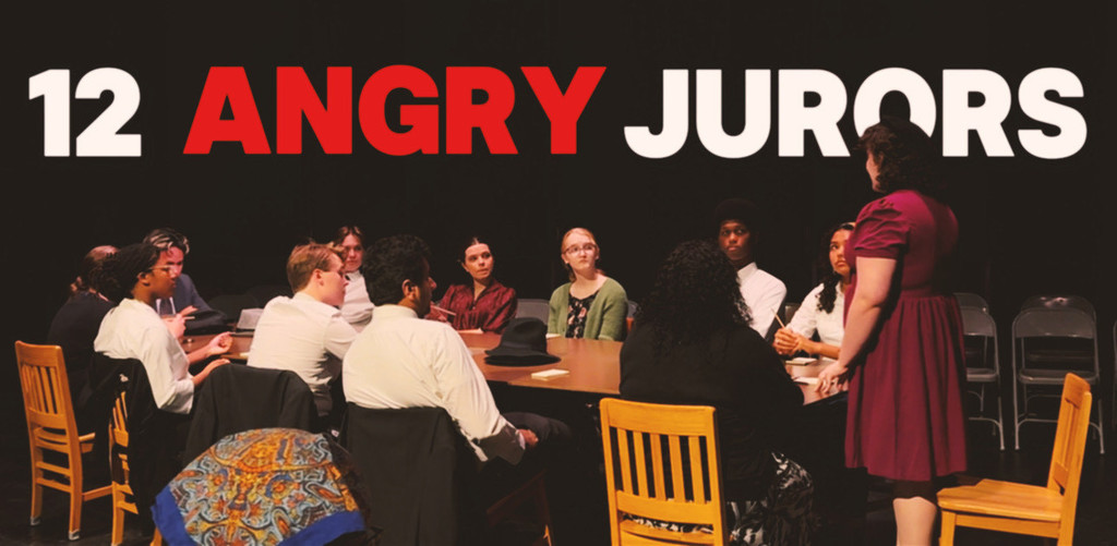 Actors for the play 12 Angry Jurors sit around a table.