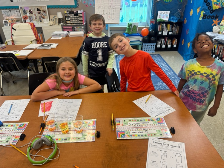 Candy Corn experiment - Students had to make a hypothesis if a candy corn would dissolve in water, oil, or vinegar. They have also been working on a writing about the history of candy corn. 