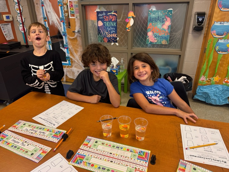 Candy Corn experiment - Students had to make a hypothesis if a candy corn would dissolve in water, oil, or vinegar. They have also been working on a writing about the history of candy corn. 