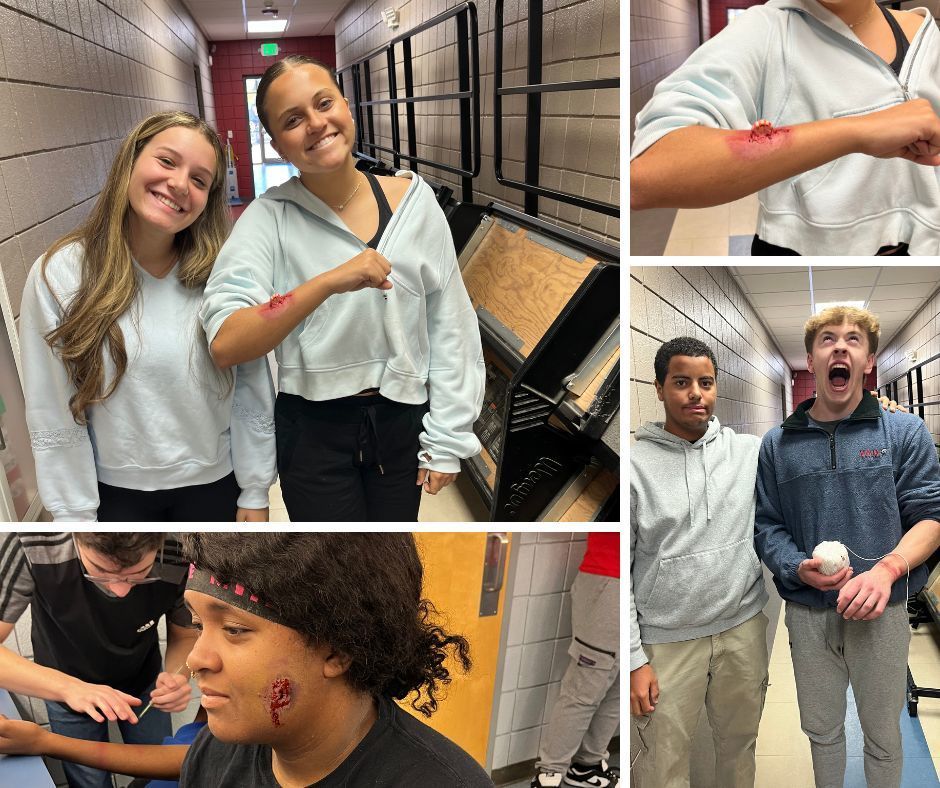 Students displaying the stage make up wound and the object that caused it. 