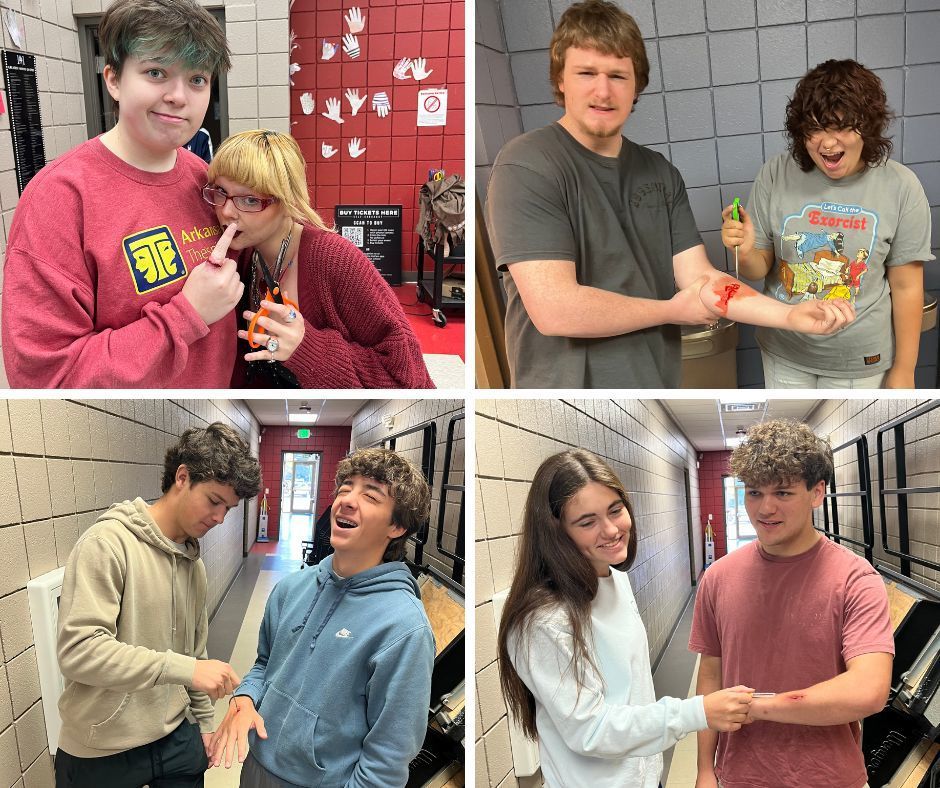 Students displaying the stage make up wound and the object that caused it. 
