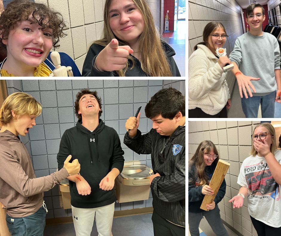 Students displaying the stage make up wound and the object that caused it. 