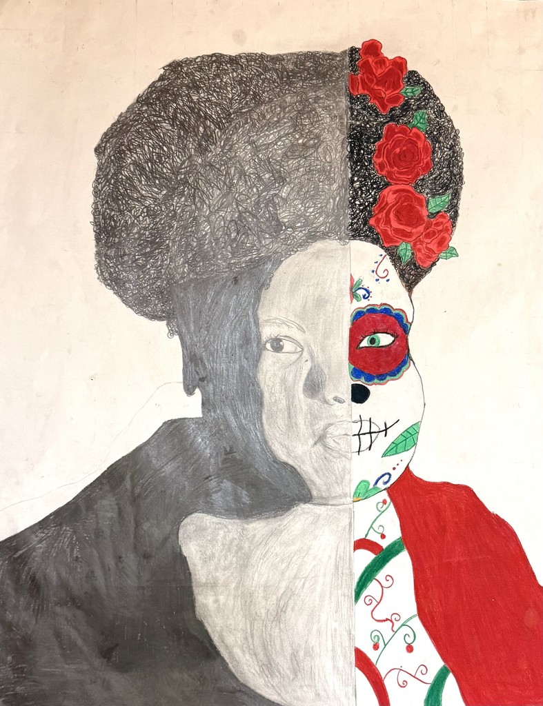 Students in Drawing II created stunning 16x20 mixed media altered portraits in honor of Día de los Muertos for Hispanic Heritage Month. Each piece combines graphite and colored pencil to represent both technique and meaning—every color and symbol chosen reflects the traditions of the holiday and the artist’s personal story. 💀🎨🌼