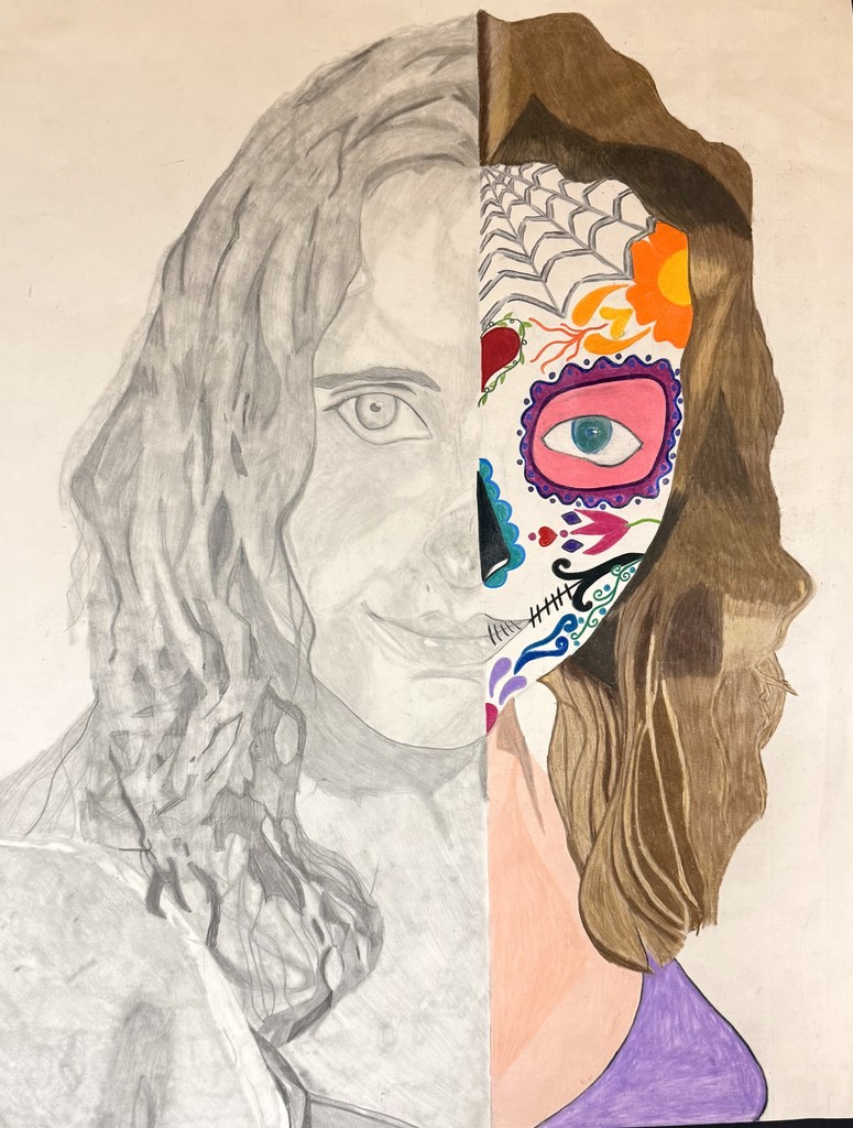 Students in Drawing II created stunning 16x20 mixed media altered portraits in honor of Día de los Muertos for Hispanic Heritage Month. Each piece combines graphite and colored pencil to represent both technique and meaning—every color and symbol chosen reflects the traditions of the holiday and the artist’s personal story. 💀🎨🌼