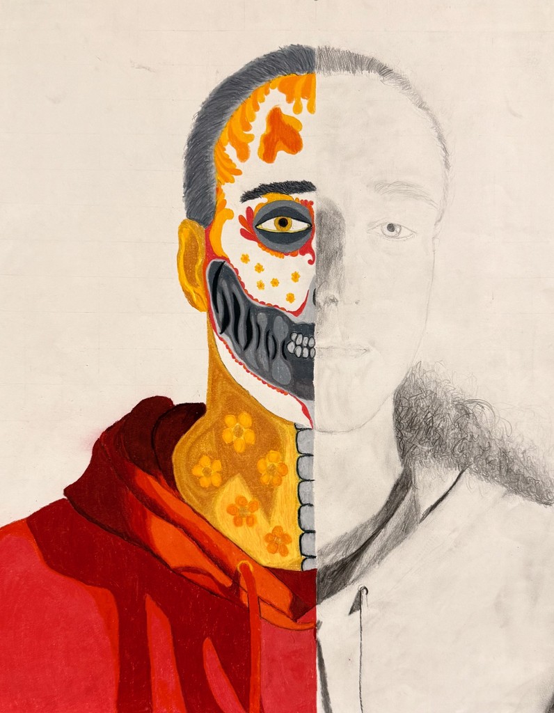 Students in Drawing II created stunning 16x20 mixed media altered portraits in honor of Día de los Muertos for Hispanic Heritage Month. Each piece combines graphite and colored pencil to represent both technique and meaning—every color and symbol chosen reflects the traditions of the holiday and the artist’s personal story. 💀🎨🌼