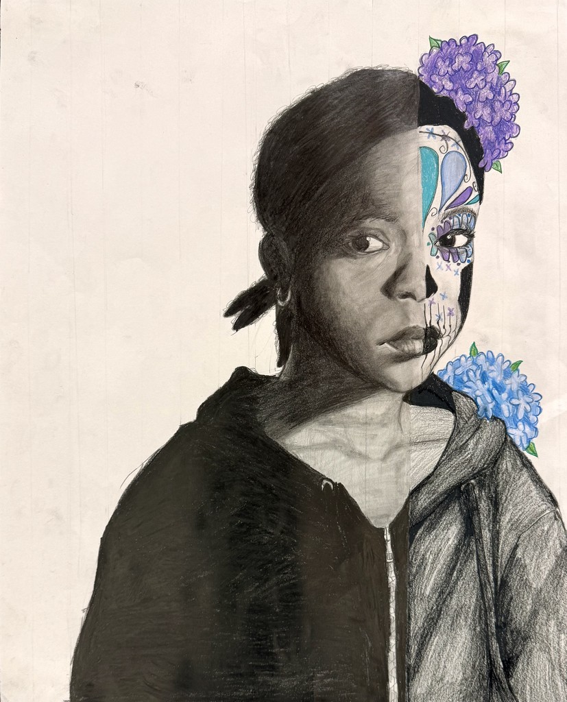 Students in Drawing II created stunning 16x20 mixed media altered portraits in honor of Día de los Muertos for Hispanic Heritage Month. Each piece combines graphite and colored pencil to represent both technique and meaning—every color and symbol chosen reflects the traditions of the holiday and the artist’s personal story. 💀🎨🌼
