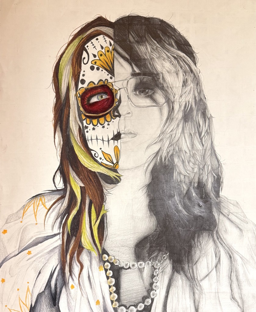 Students in Drawing II created stunning 16x20 mixed media altered portraits in honor of Día de los Muertos for Hispanic Heritage Month. Each piece combines graphite and colored pencil to represent both technique and meaning—every color and symbol chosen reflects the traditions of the holiday and the artist’s personal story. 💀🎨🌼