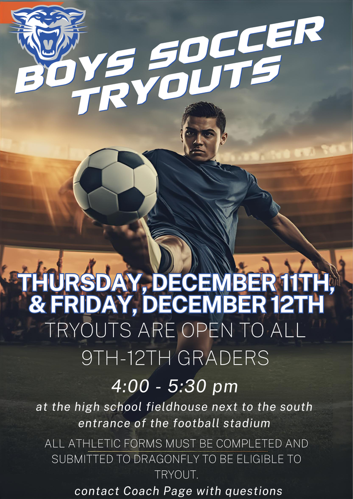 Conway Boys Soccer is hosting tryouts for the upcoming spring season this December!  Tryouts are open to all 9th-12th graders and will take place at the high school fieldhouse next to the south entrance of the football stadium.   Sessions run from 4:00 to 5:30 PM.   Don’t forget to bring your cleats and athletic attire—they’re mandatory!  All athletic forms must be completed and submitted to Dragonfly to be eligible to tryout.  Boys’ Tryouts: Thursday, December 11th, and Friday, December 12th  If you have questions about boys’ tryouts, contact Coach Page.