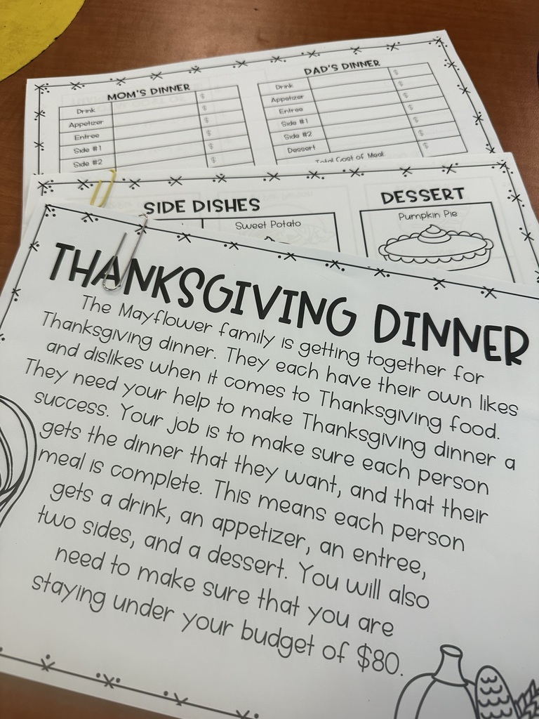Mrs. Harrison’s 2nd graders’ Thanksgiving Meal PBL! They had to use the menu, consider each person’s likes and dislikes while staying on budget. And they did it!! 🦃🥧🍰🥤