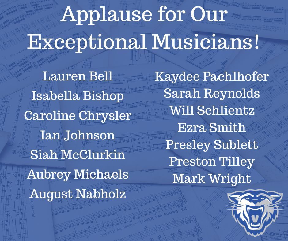 Image of sheet music on a blue background. Titled "Applause for our Exceptional Musicians!" and lists the names of the students who were invited to the ensemble.