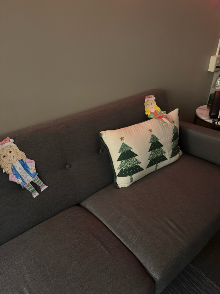 Mrs. Jones and Mrs. Briggler were pranked by the second-grade classes today. They colored elf coloring sheets with their faces and decorated the halls and their offices with them. 