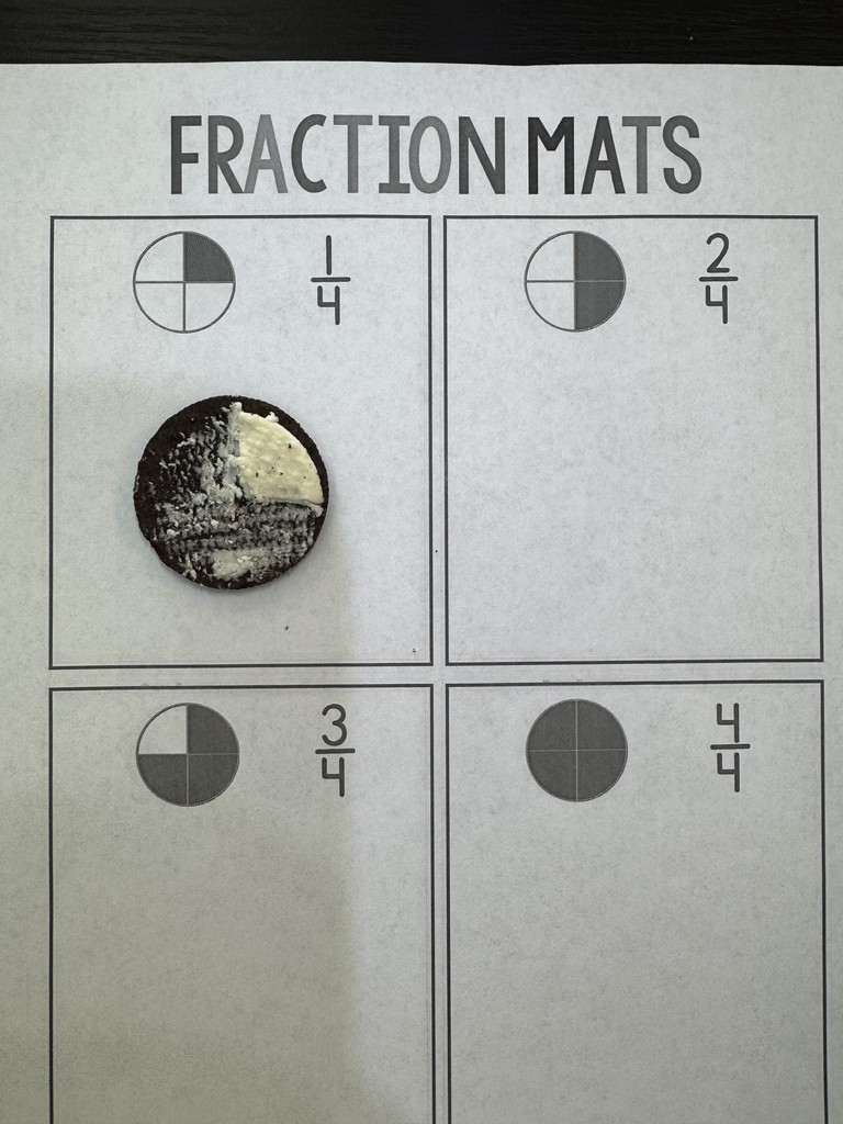 Second-grade students are currently learning about equal parts in math this week. They demonstrated halves, thirds, and fourths using an Oreo! 