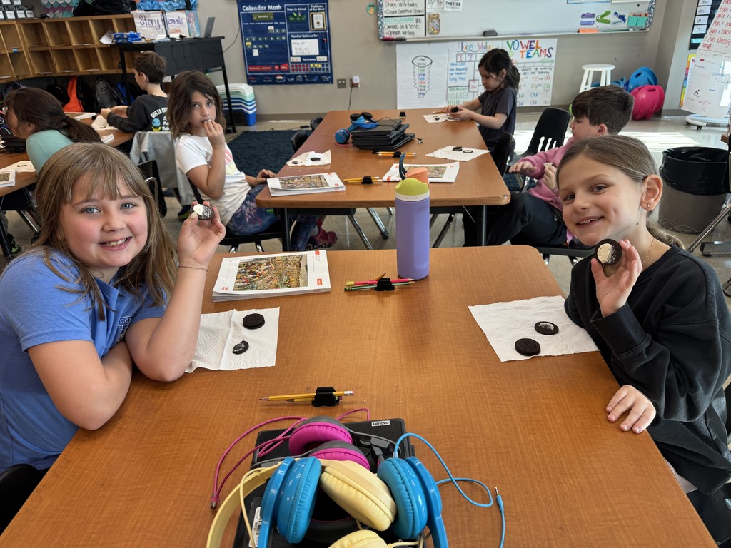 Second-grade students are currently learning about equal parts in math this week. They demonstrated halves, thirds, and fourths using an Oreo! 