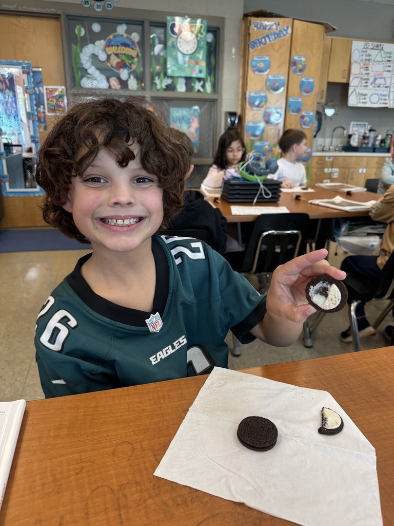 Second-grade students are currently learning about equal parts in math this week. They demonstrated halves, thirds, and fourths using an Oreo! 