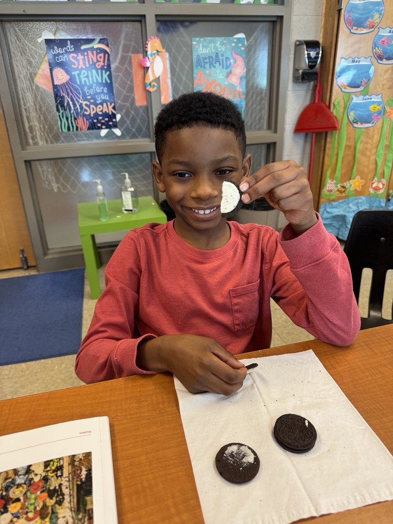 Second-grade students are currently learning about equal parts in math this week. They demonstrated halves, thirds, and fourths using an Oreo! 