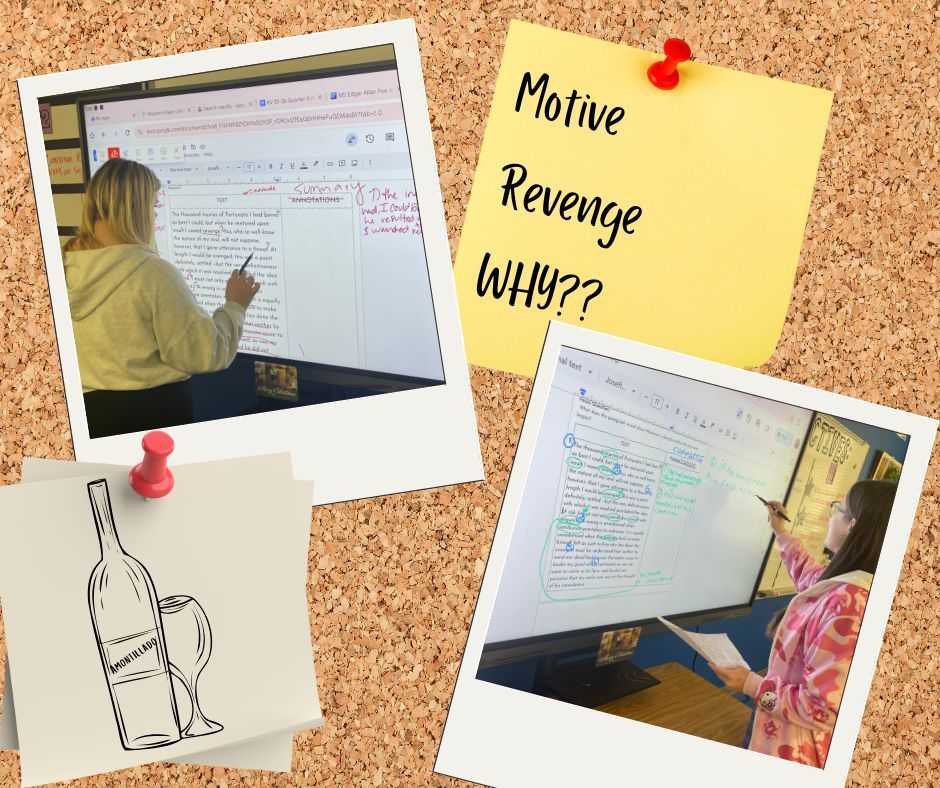 Mrs. Vinson's junior ELA classes took charge, transforming the whiteboard into a map of Montresor’s motives. 🧠📌🍷 There is nothing better than watching a class lead their own analysis and take total command of a complex text. 📚✨ #StudentLedLearning #ELAClassroom #LiteraryAnalysis #EdgarAllanPoe